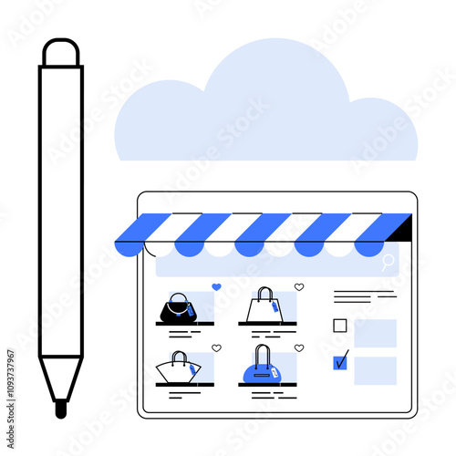 Tablet displaying handbag selections for online shopping with stylus pen and cloud storage icon. Ideal for e-commerce, digital marketing, online retail, tech solutions, remote buying, user interface