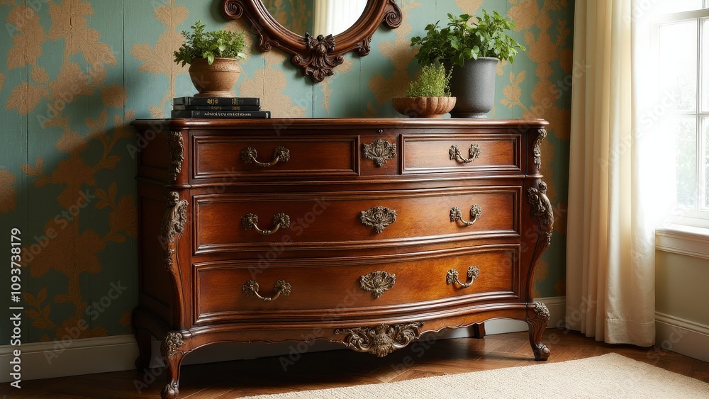 Rustic antique retro dresser with brass accents and classic vintage charm. Rustic antique retro dresser with brass accents and classic vintage charm.