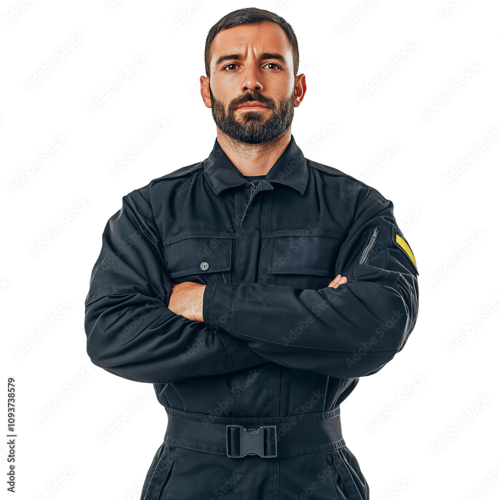 Man in black uniform with arms crossed, serious expression, isolated on transparent background Man in black uniform with arms crossed, serious expression, isolated on transparent background