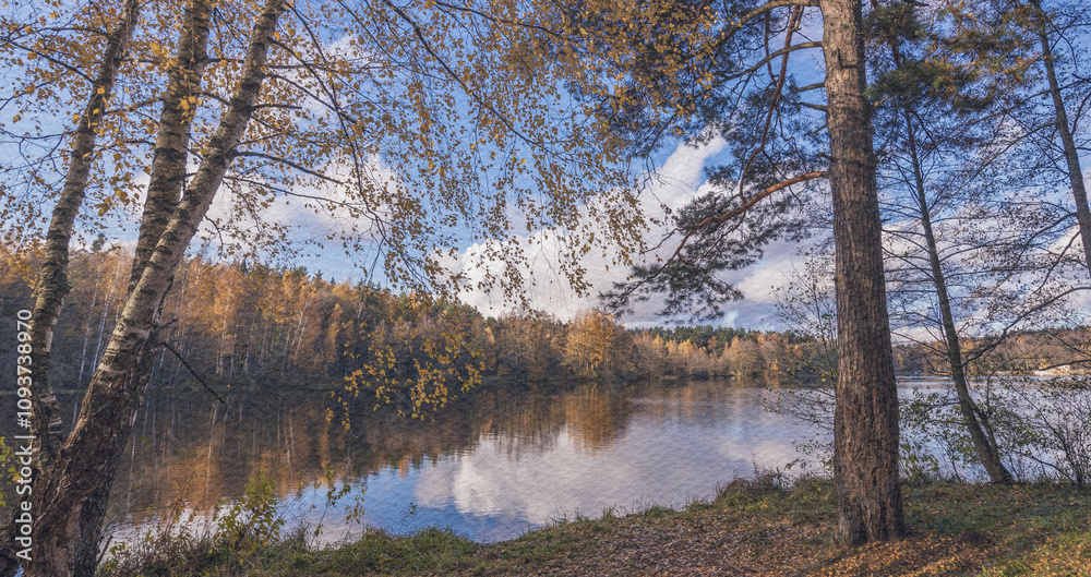 Serene lake with trees in the background Serene lake with trees in the background