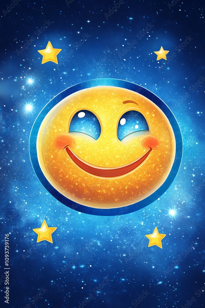 A glowing, smiling celestial emoji embodies joy and wonder, surrounded by shimmering stars against a cosmic background, symbolizing happiness and imagination. A glowing, smiling celestial emoji embodies joy and wonder, surrounded by shimmering stars against a cosmic background, symbolizing happiness and imagination.
