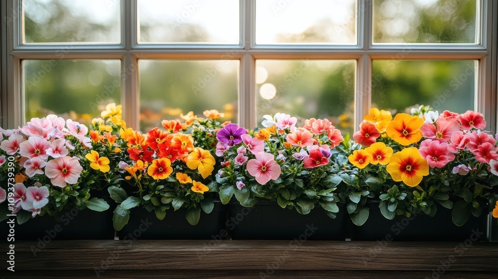 Colorful flowers in window box. Colorful flowers in window box.