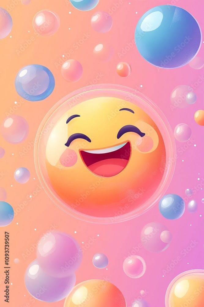 A joyful smiling emoji surrounded by bubbles on a pastel gradient background, evoking happiness and cheerfulness in a playful cartoonish artistic rendering. A joyful smiling emoji surrounded by bubbles on a pastel gradient background, evoking happiness and cheerfulness in a playful cartoonish artistic rendering.
