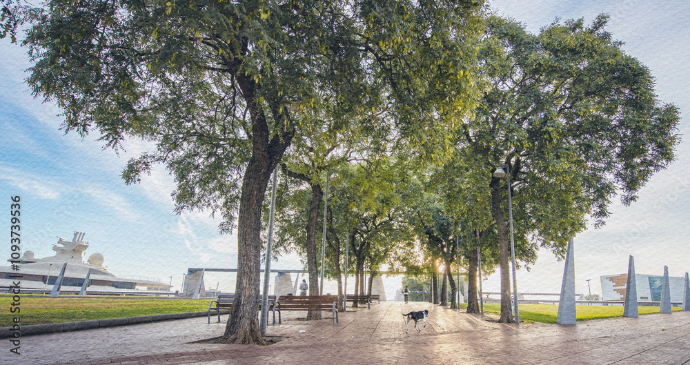 Park with a dog walking down a path Park with a dog walking down a path