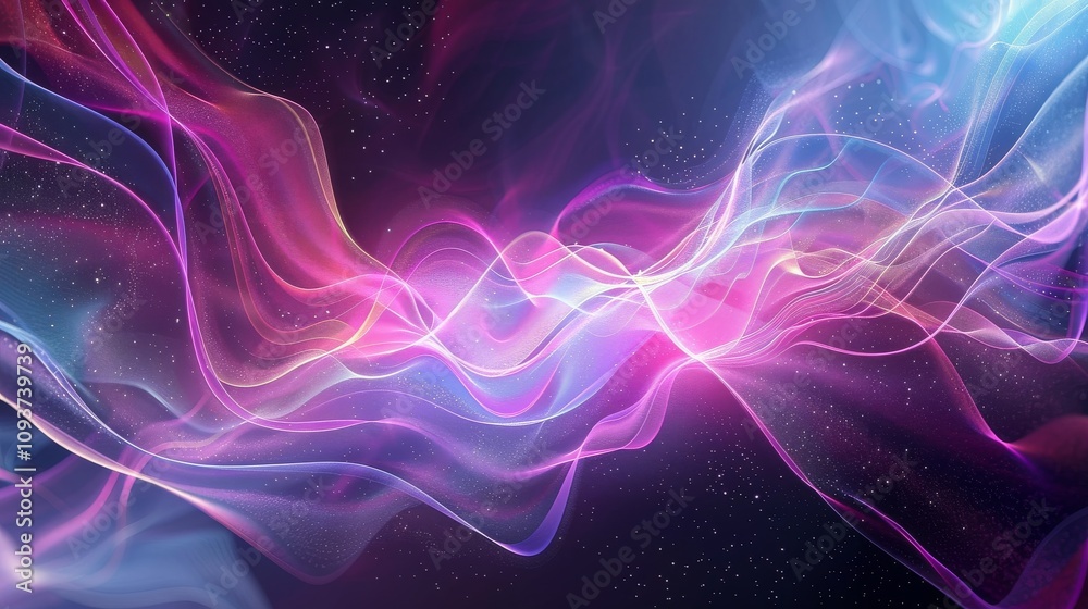 Fototapeta premium Celestial neon waves on a dark background, Spacious white space in the center