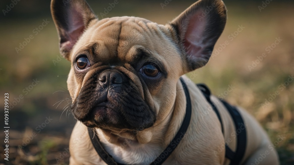French bulldog relaxing in a sunny park setting while wearing a harness during a peaceful afternoon French bulldog relaxing in a sunny park setting while wearing a harness during a peaceful afternoon