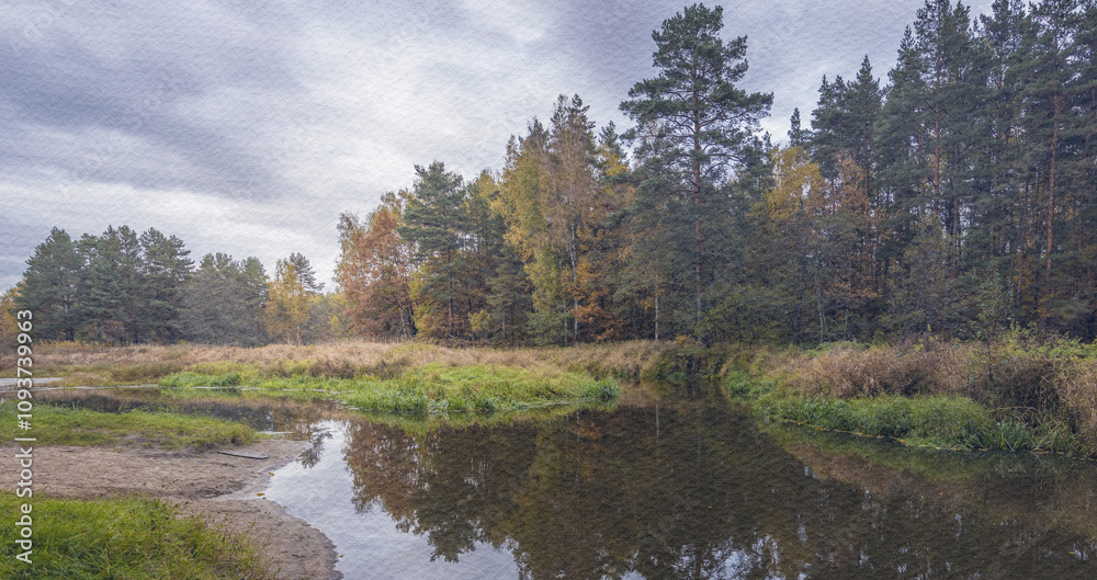 Calm river with trees in the background Calm river with trees in the background