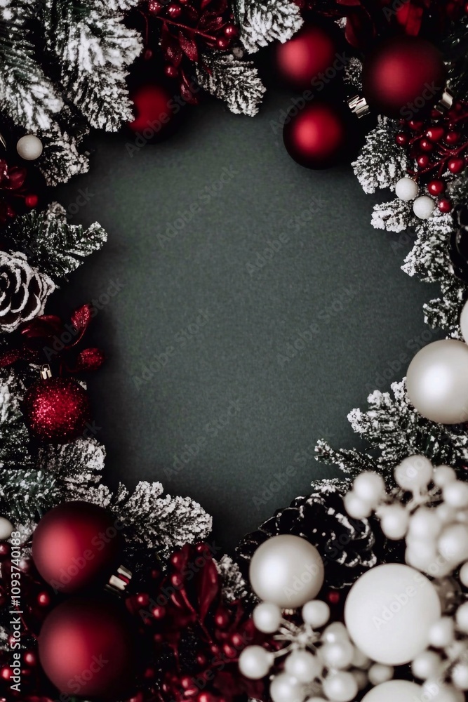 A beautifully arranged Christmas wreath features red and white ornaments surrounded by frosted greenery, creating a festive atmosphere perfect for holiday decorations A beautifully arranged Christmas wreath features red and white ornaments surrounded by frosted greenery, creating a festive atmosphere perfect for holiday decorations