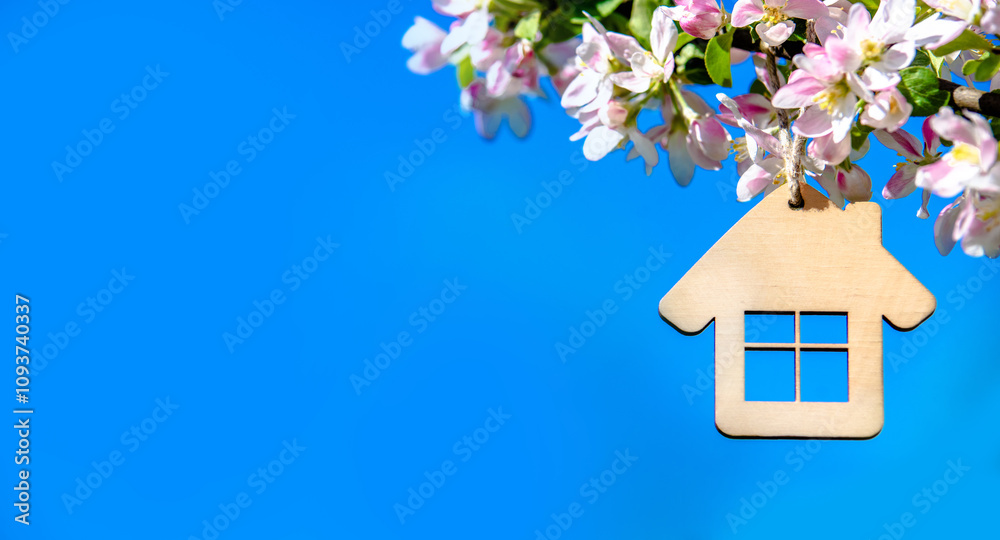 Symbol of the house on the branches of a flowering apple
