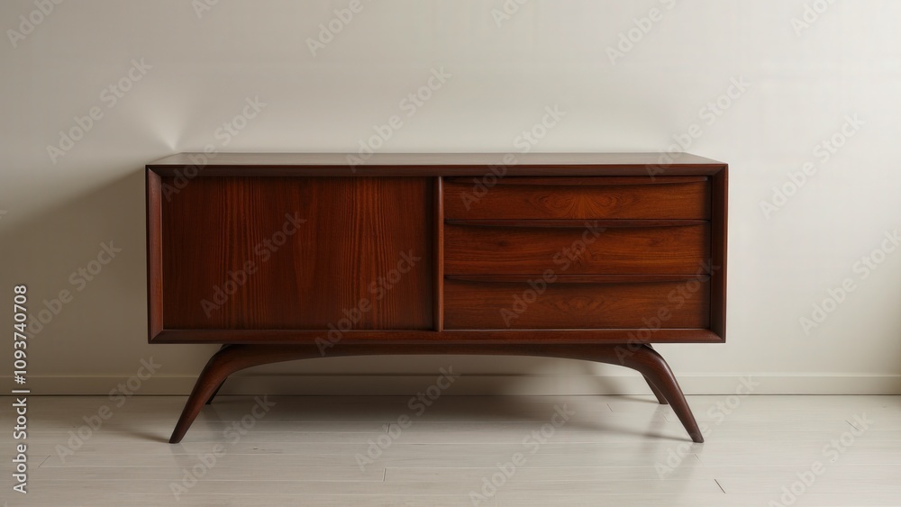 Minimalist room featuring an antique retro dresser with refined craftsmanship.