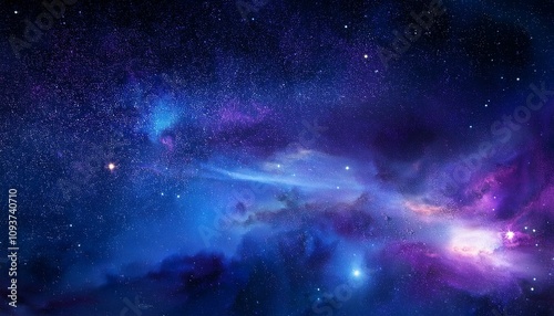 Vast cosmic expanse, nebulae in shades of purple and blue, twinkling stars.