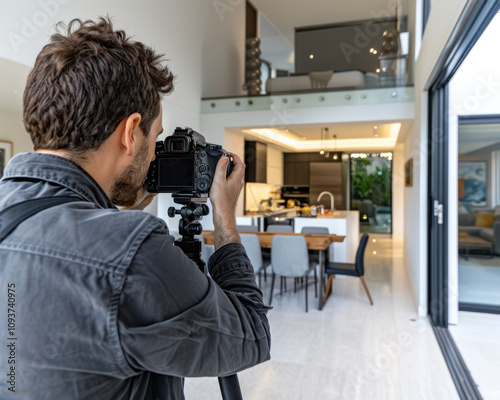 Real Estate Photographers taking an interior photograph inside a modern clean house photo