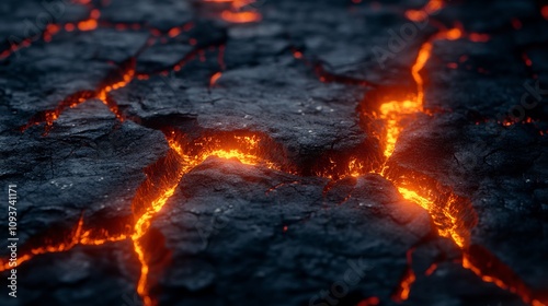 Glowing lava flows beneath the cracked black surface of volcanic rock, showcasing intense heat and the raw power of nature in a mesmerizing fiery display.