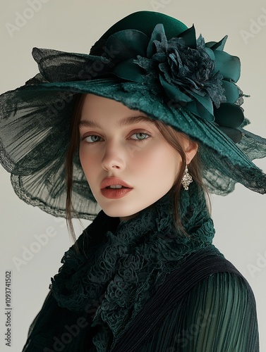 Elegant young woman wearing a sophisticated dark green hat with floral detail, matching lace scarf, and vintage-style earrings