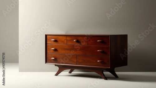 A polished antique retro dresser in dark wood, set against a neutral background with soft lighting.