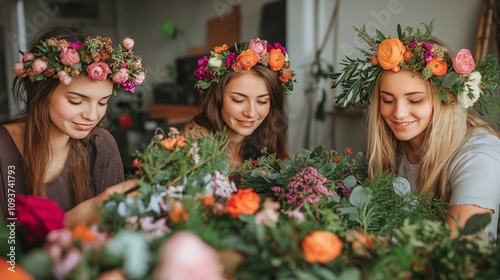 Three young women creating floral crowns together in a relaxed indoor setting, surrounded by an abundance of colorful flowers