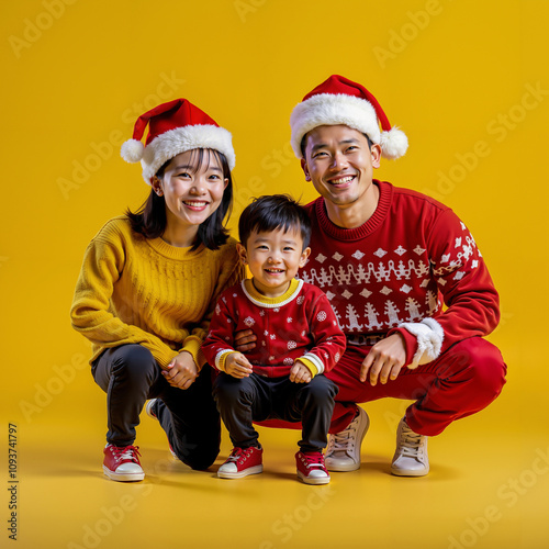 A family wearing matching red and yellow sweaters and Santa hats photo