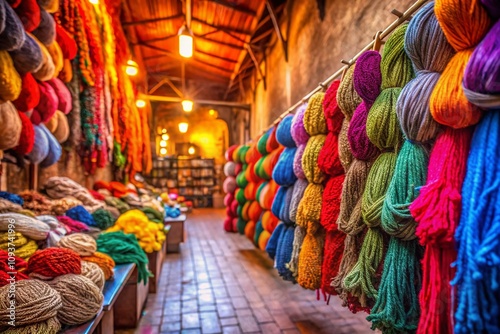 Vibrant Bokeh Effects in the Dyes of Marrakech’s Souk: A Colorful Display of Yarn and Wool in the Heart of Jemma El Fna, North Africa's Cultural Gem photo