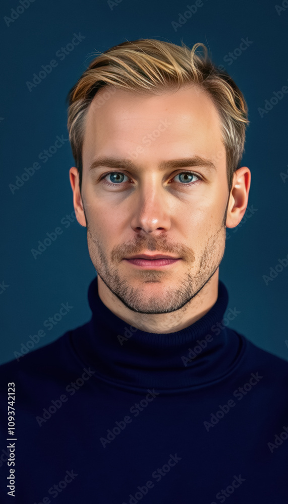 Naklejka premium Man with Light Brown Hair in Dark Blue Turtleneck Sweater on Solid Blue Background