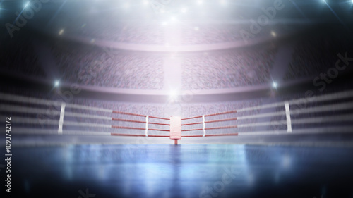 Dynamic sports background. 3D boxer arena with viewers. Empty boxing ring under lights. Full tribune. Wide angle. Accent in the center of the background