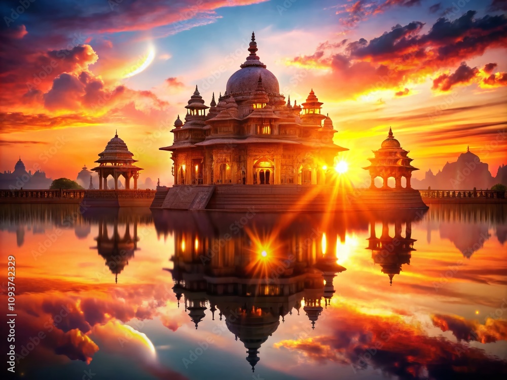 Obraz premium Vibrant Brushstroke Silhouette of a Temple at Sunset for Diwali Celebrations, Perfect for Invitations and Cultural Events with Colorful Festive Atmosphere
