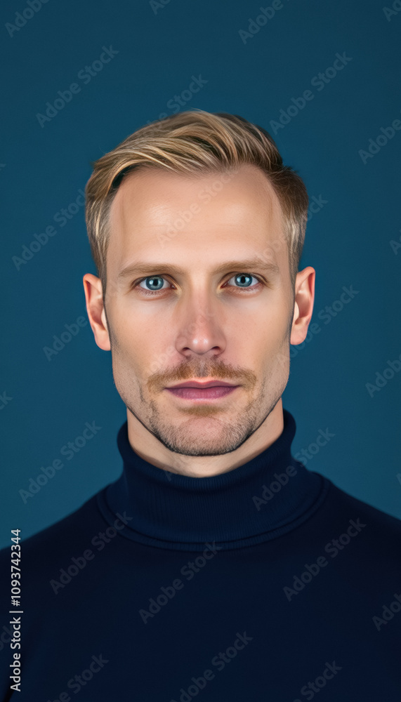 Obraz premium Man with Light Brown Hair in Dark Blue Turtleneck Sweater on Solid Blue Background