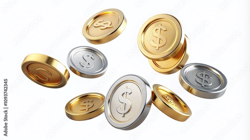 3D Rendering of Spinning Golden and Silver Coins Showcasing Various Angles on a White Background for Financial and Investment Themes 3D Rendering of Spinning Golden and Silver Coins Showcasing Various Angles on a White Background for Financial and Investment Themes