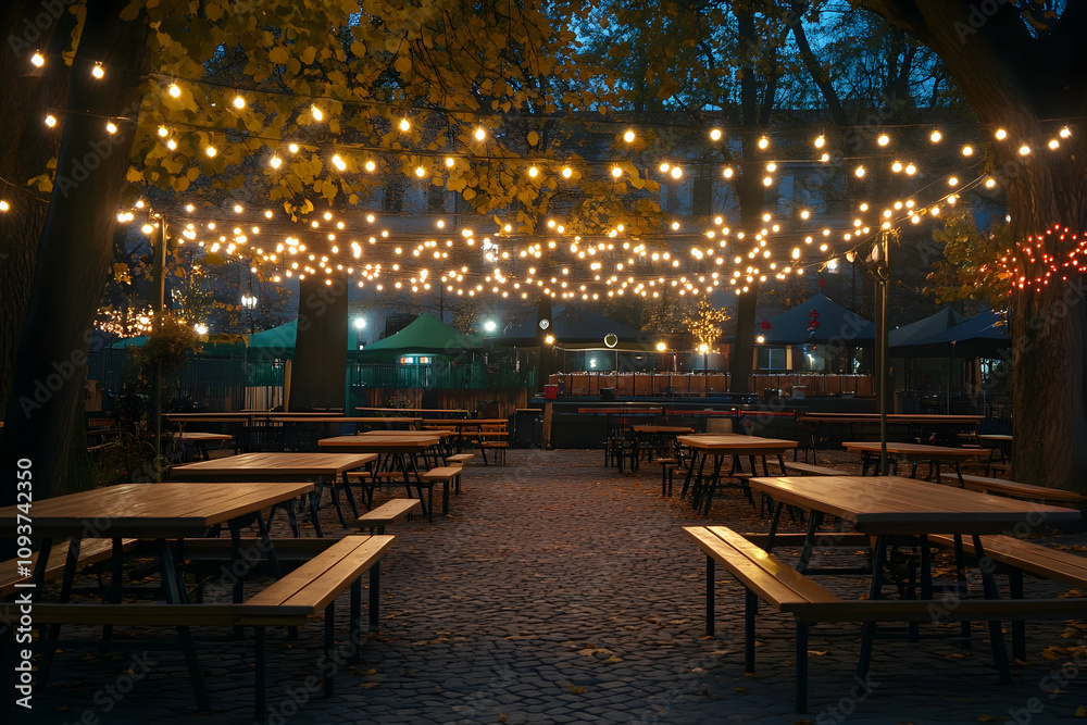 Oktoberfest beer garden illuminated by string lights with tables and benches ready for celebration Oktoberfest beer garden illuminated by string lights with tables and benches ready for celebration