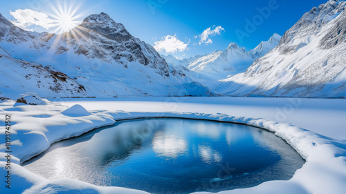 Sunlit Frozen Lake with Snow-Capped Peaks and Ice Pool - Winter Alpine Scene