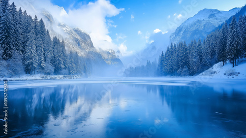 Misty Winter Lake with Snowy Pines and Mountain Peaks - Serene Frozen Landscape