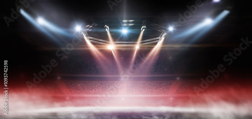 Red background. Stage podium with red smoke, golden spotlight and glitter on dark background. Theatre show and award ceremony concept. Red abstract background