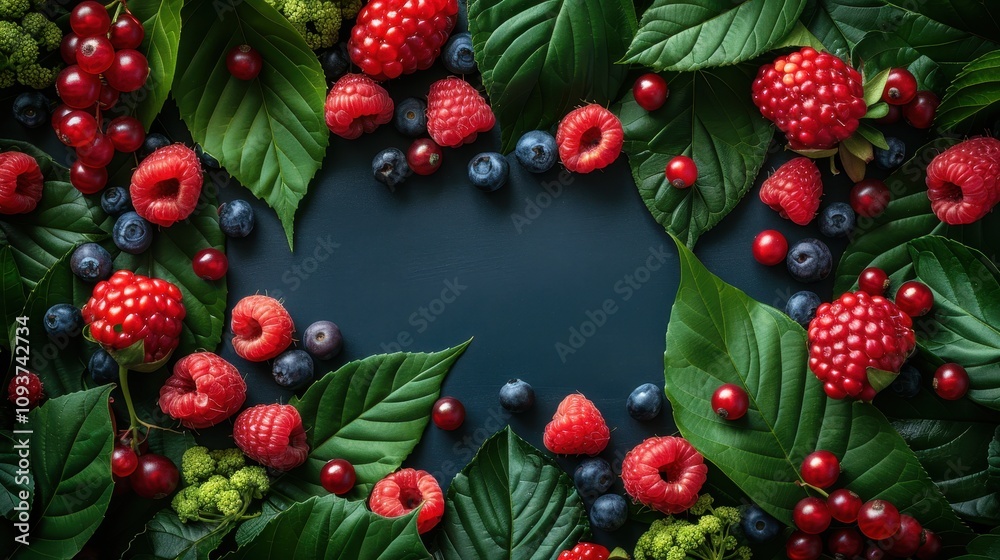 Colorful berries and lush green leaves create a vibrant border for a natural setting. Generative AI Colorful berries and lush green leaves create a vibrant border for a natural setting. Generative AI