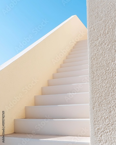 Minimalist view of modern white staircase with textured walls ascending towards a clear blue sky on a sunny day