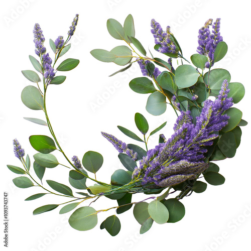 Green Vine Isolated on Transparent Background with Eucalyptus Leaves and Lavender Flowers for Wedding Stationery photo