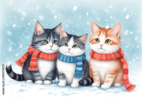 Süße Katzen mit Schal und Mütze sitzen im Schnee – perfekte Winterkulisse für Grußkarten mit Textfreiraum. Generative KI.
