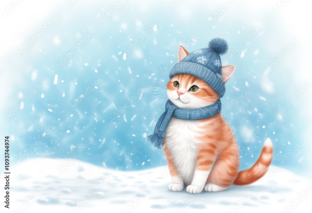 Eine bezaubernde Katze mit grauem Fell trägt eine blaue Mütze und einen Schal, sitzt im Schnee – ideal für winterliche Grußkarten mit Textfreiraum. Generative KI. Eine bezaubernde Katze mit grauem Fell trägt eine blaue Mütze und einen Schal, sitzt im Schnee – ideal für winterliche Grußkarten mit Textfreiraum. Generative KI.