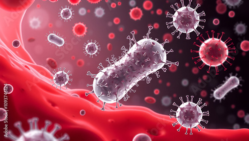 Illustration of Neisseria meningitidis in the bloodstream, with bacteria surrounded by white blood cells and immune response elements