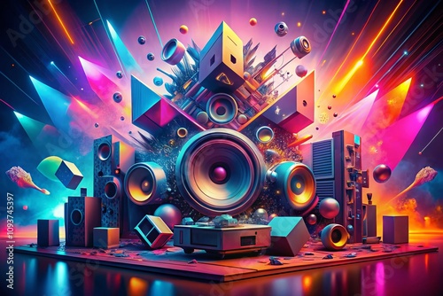 Abstract Dance Music Flyer Set for Electronic Parties with Vibrant Colors and 3D Elements Perfect for Nightclub Promotions and Event Cover Designs