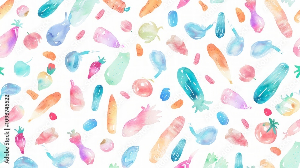 Watercolor fruits and vegetables pattern, food abstract pattern Watercolor fruits and vegetables pattern, food abstract pattern