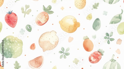 Watercolor fruits and vegetables pattern, food abstract pattern