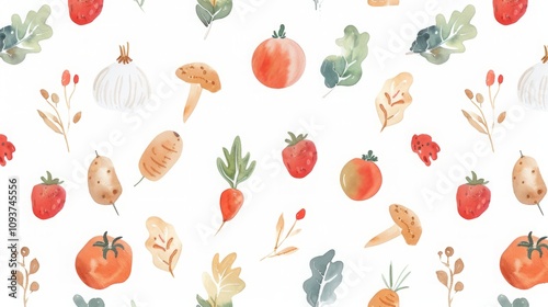 Watercolor fruits and vegetables pattern, food abstract pattern