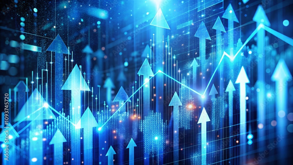 Abstract Digital Background Featuring Blue Glowing Arrows and Financial Charts Enhanced with Bokeh Effect for Modern Business Concepts and Technology Visuals Abstract Digital Background Featuring Blue Glowing Arrows and Financial Charts Enhanced with Bokeh Effect for Modern Business Concepts and Technology Visuals