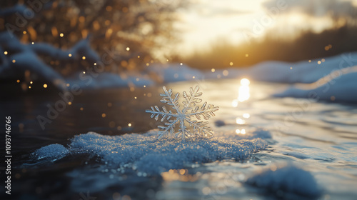 Glowing Snowflake on Winter River at Sunset - Magical Golden Hour Scene