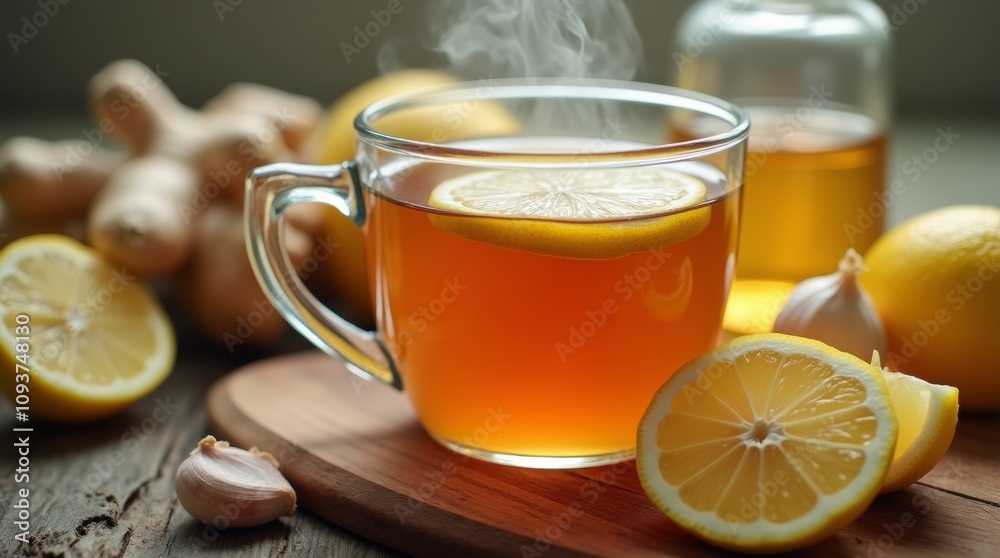 close-up of a natural cold and flu remedy setup, featuring a steaming cup of herbal tea with fresh lemon slices and honey, surrounded by ginger and garlic close-up of a natural cold and flu remedy setup, featuring a steaming cup of herbal tea with fresh lemon slices and honey, surrounded by ginger and garlic