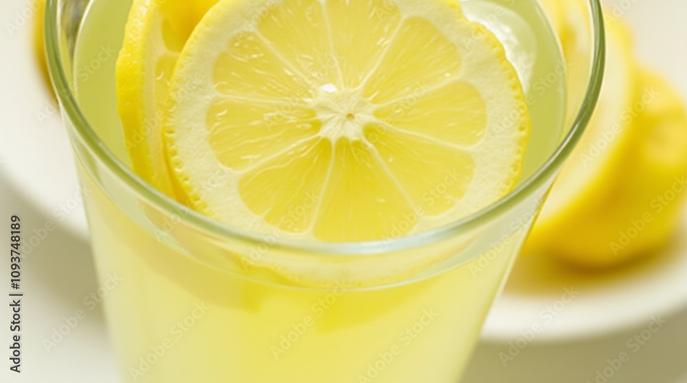 lose-up of a refreshing glass of lemon water with slices of lemon floating on top, showcasing the vibrant yellow color and clear liquid. The image conveys a sense of hydration and health lose-up of a refreshing glass of lemon water with slices of lemon floating on top, showcasing the vibrant yellow color and clear liquid. The image conveys a sense of hydration and health