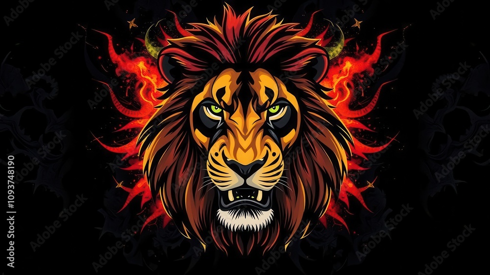 Artistic lion in vibrant colors standing majestically on a black background, design, fierce, powerful Artistic lion in vibrant colors standing majestically on a black background, design, fierce, powerful