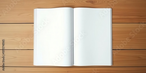 A realistic open magazine mockup with blank pages on a wooden surface, design, layout