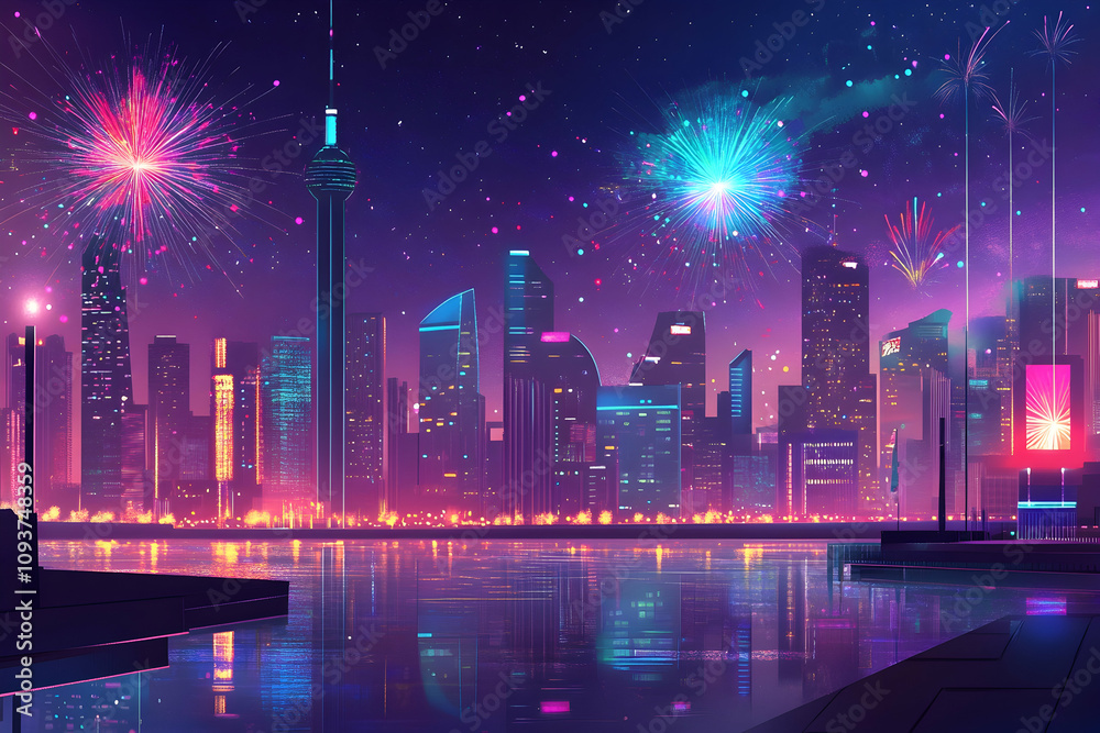 Vibrant New Yeara??s banner with fireworks lighting up the city skyline at night . 4k image Vibrant New Yeara??s banner with fireworks lighting up the city skyline at night . 4k image