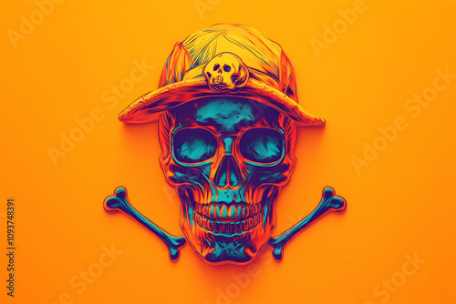 Vibrant skull with crossbones and a hat on a bold orange background, ideal for themed designs . 4k image photo