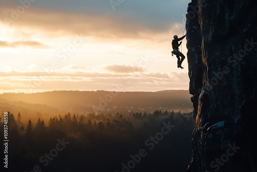 Silhouette of a rock climber mid-ascent on a dramatic cliff face, surrounded by wild forest and dramatic skyline at dawn photo